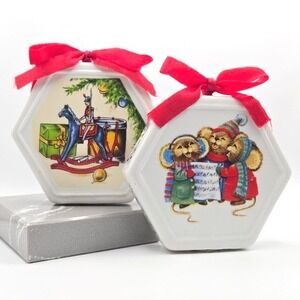 Vintage 80s Porcelain Potpourri Christmas Ornaments Mouse Carolers Rocking Horse